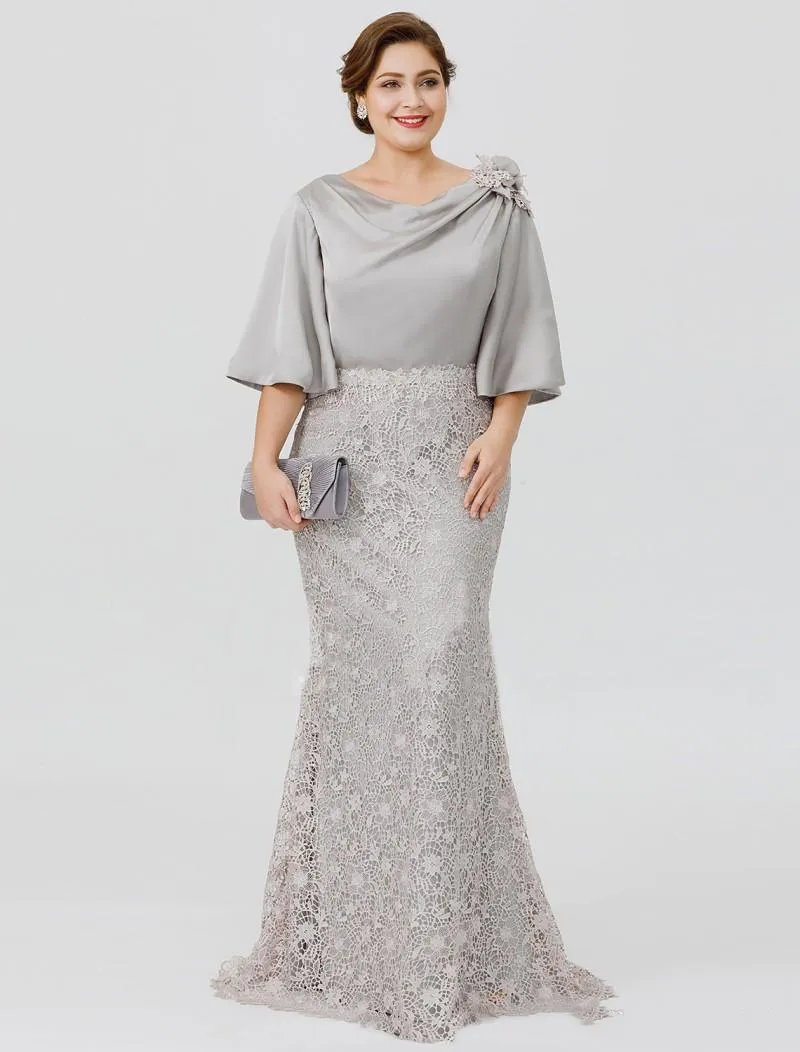 Élégant Argent Soie Satin Dentelle Robes De Mère Plus La Taille Mère De La Mariée Robes Flare Manches Longues Sirène De Mariage Invité Robes Robe De Soirée De Soirée