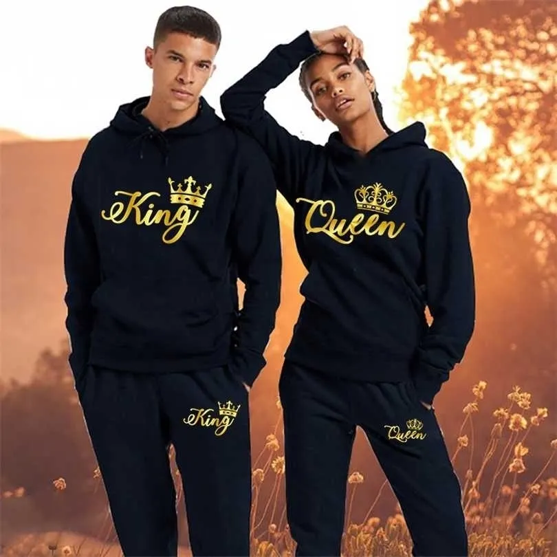 Couple de mode Sportwear Set King ou Queen Imprimé Costumes à capuche 2PCS Couples Design Streetwear Sweat à capuche et pantalons de survêtement 211220