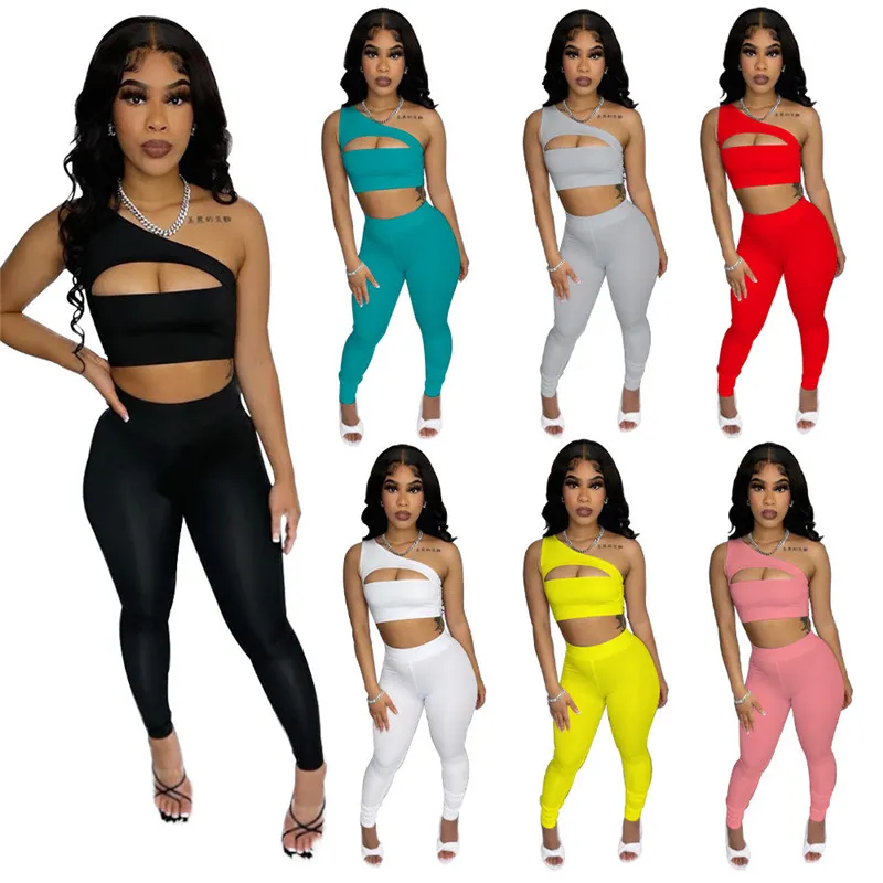 Sexy Crop Top Tracksuits Sleeveless Hollow Out Outfits 2 Piece Set Skinny Tights Sport Suit Pullover Pantsuit K7052