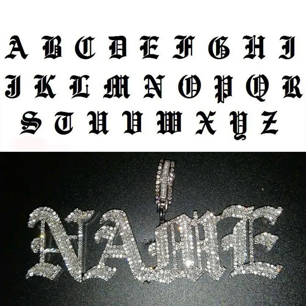 Hip Hop Custom Nazwa Old English Gothic Font Letter Wisiant Naszyjnik Mrożony od mężczyzn Mężczyzny Kobiety Złote Srebrny Kolor Naszyjniki 201014