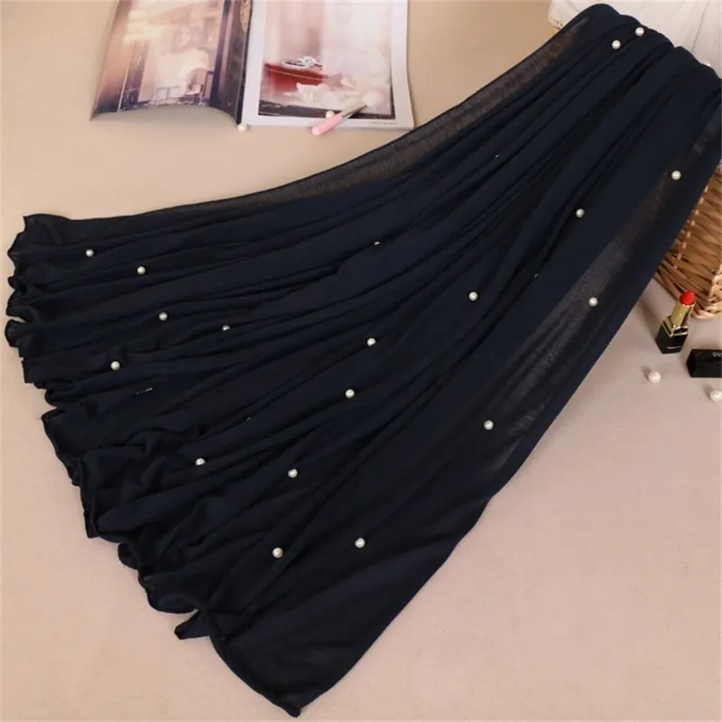 Femme Maxi Plaine Perles Perles Jersey Hijab Écharpe Polyester Coton Châle Snood Musulman Sjaal Tête Wrap Solide Foulard Stole 180 * 80Cm Y201007