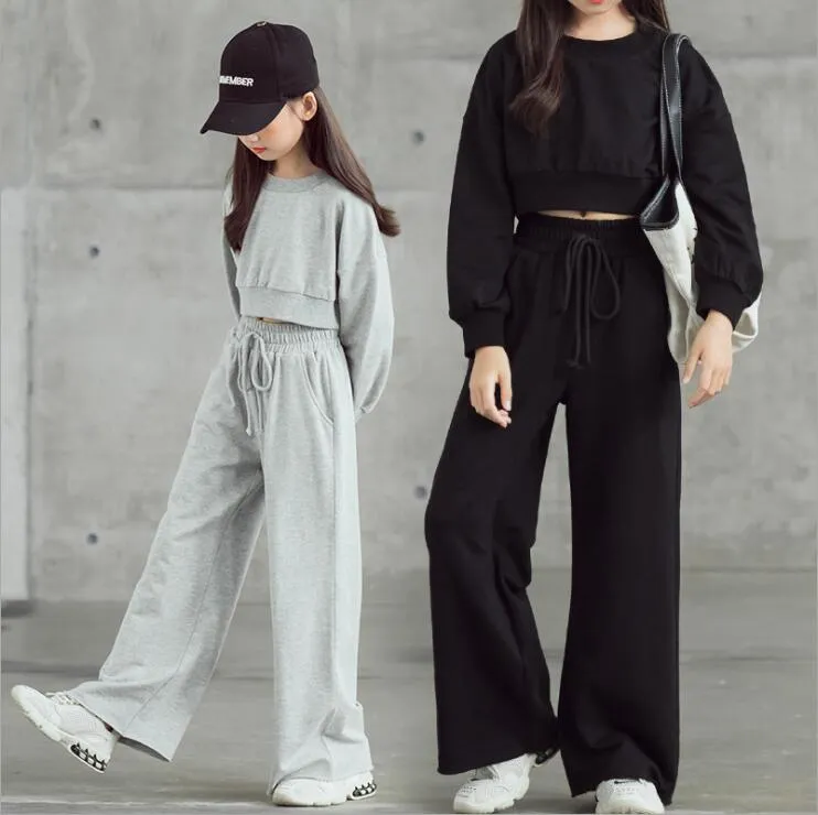 Korean Autumn Short Top and Wide Leg ladies pant suits for