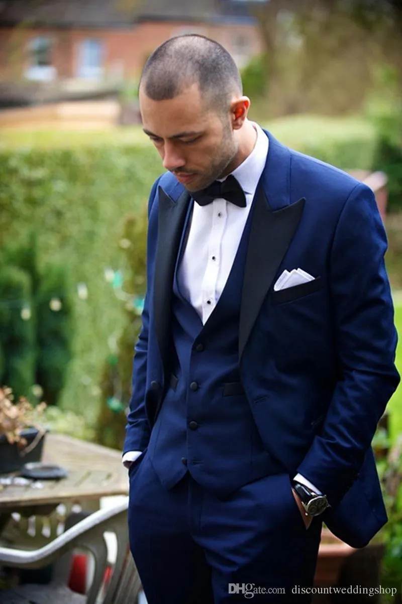 3 stycke blå brudgum tuxedos svart topp lapel man prom busienss kostym bröllopsfest kostymer (jacka + byxor + väst + slips) j223