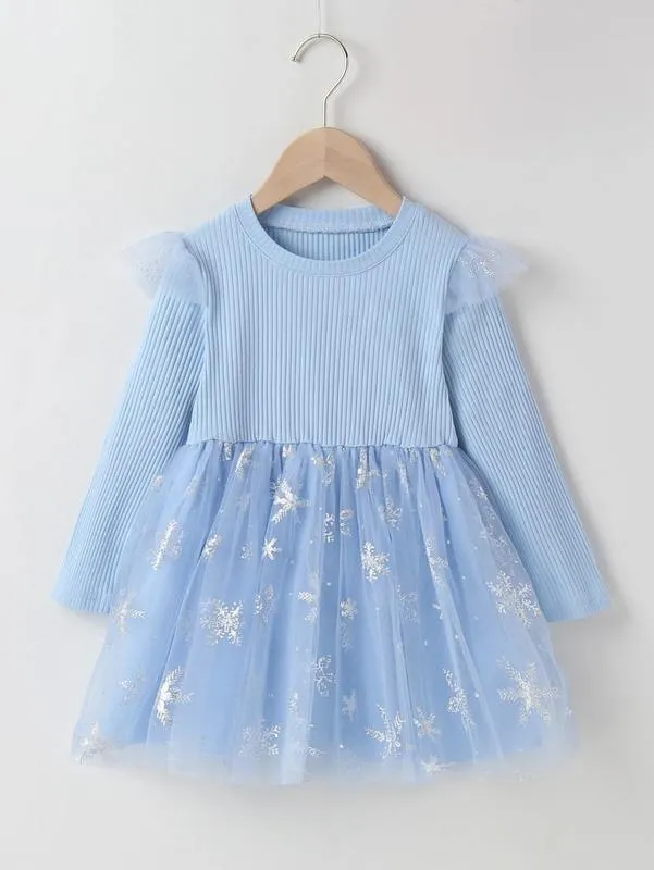 Toddler Girls Snowflake Mesh Panel Wzburzyć Test Smock Sukienka Ona