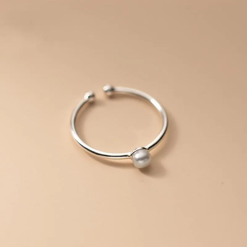 Cluster Rings Real 925 Sterling Silver Simple Single Pearl Open For Women Girls Fine Jewelry