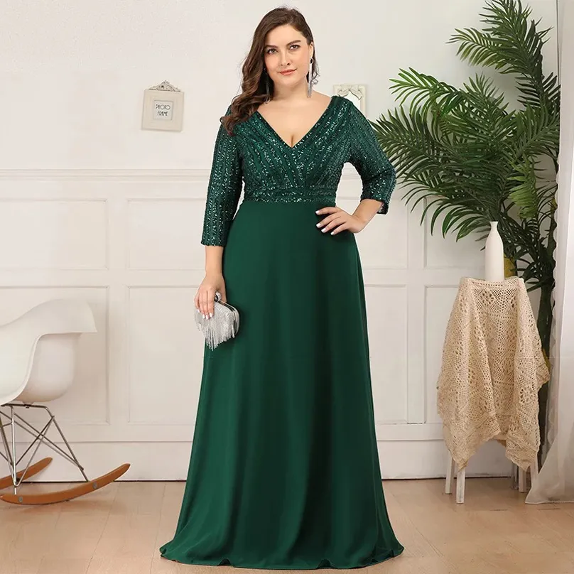 3/4 Long Sleeves Plus Size Mother of the Bride Dresses for Wedding Sequined Floor Lenght Chiffon Formal Evening Gowns