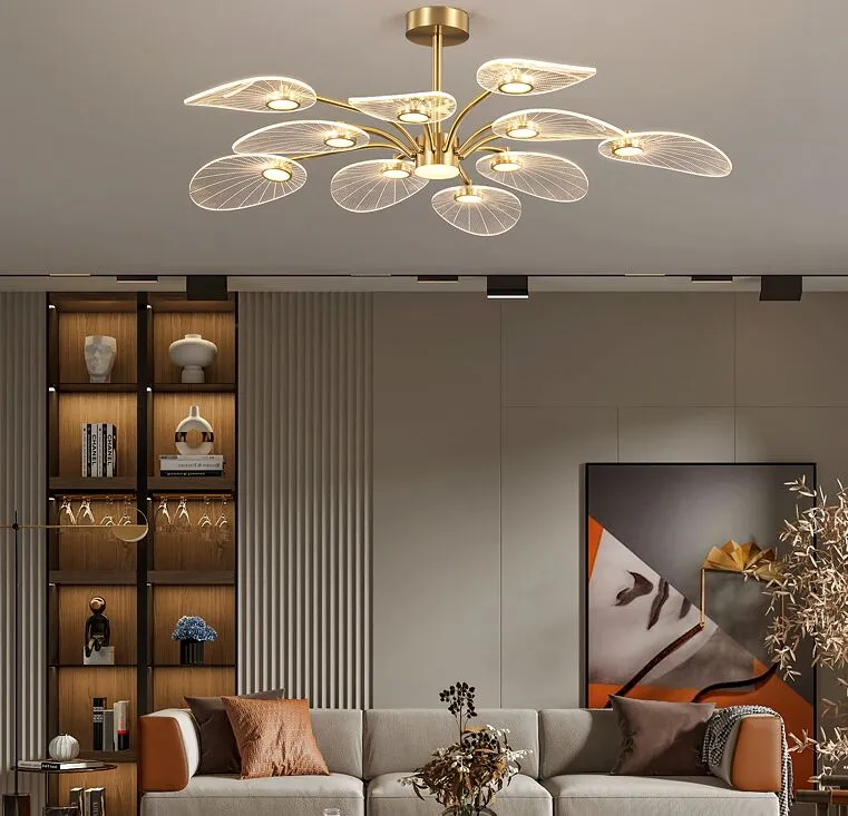 Nordic LED Ceiling Lamp for Bedroom Living Room Lotus Leaf Shape Creative Design All Copper Chandeliers Home Decorative Lights