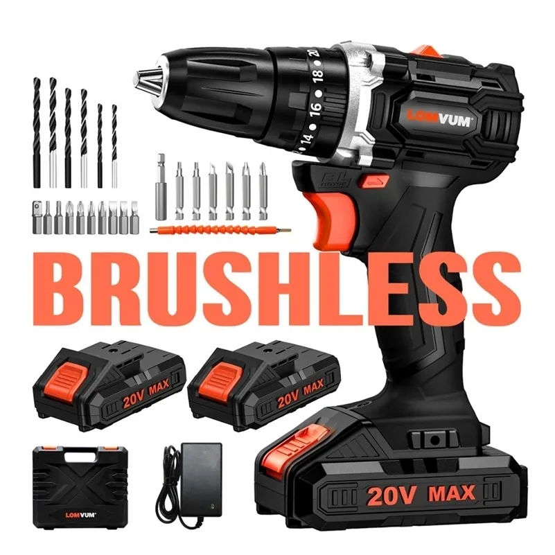 Lomvum Borstlös 20V Max DC Batteri Trådlös elektrisk Impact Drill 38 nm Högt vridmoment EU-pluggskruvmejseldelar 24 st Borrbitar 201225