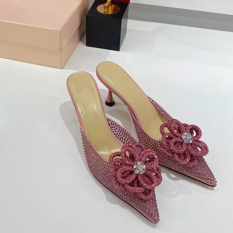 newest heeled slippers Luxury Designer Flower Crystal Embellishments sandals Transparent PVC shoes Large size quality womens slipper factory footwear