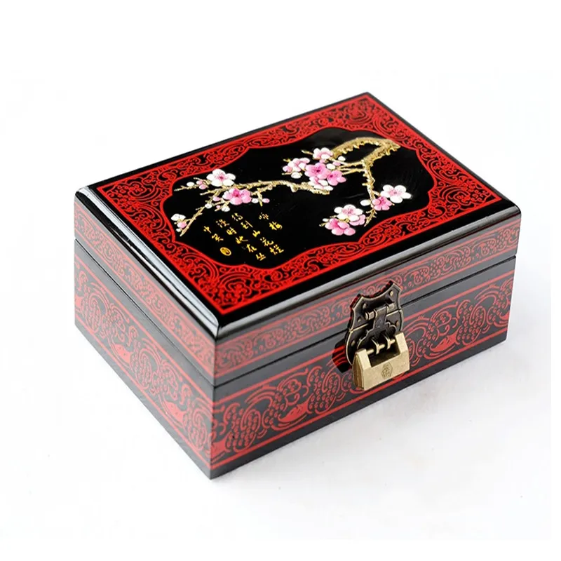 2 layer Decorative Jewelry deluxe Wood Box Storage Organizer Case with Lock Chinese Lacquerware Makeup Collection Box Birthday Wedding Gift