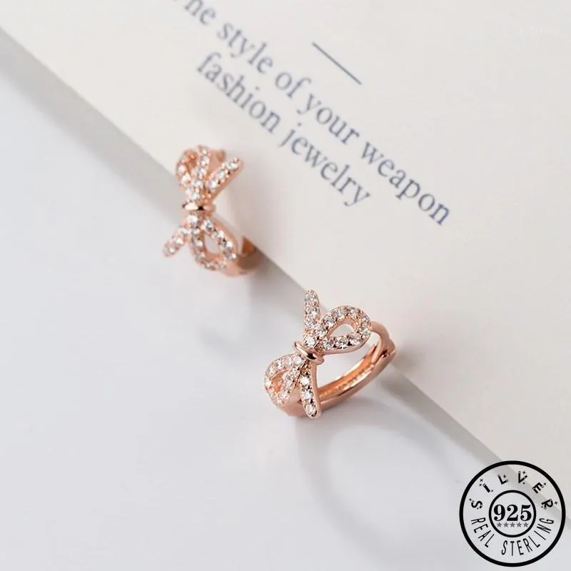 Hoop Huggie 925 Sterling Silver Zirkoon Bowknot Vorm Kleine Oorbellen Rose Goud Kleur Ronde Cirkel Oor CZ Earings Sieraden voor Dames1