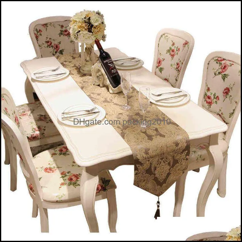 European Embroidered Floral Table Runner Luxury Modern Rice White Table Flag Decor for Dining Table Shoe Cabinet with Tassels 220107