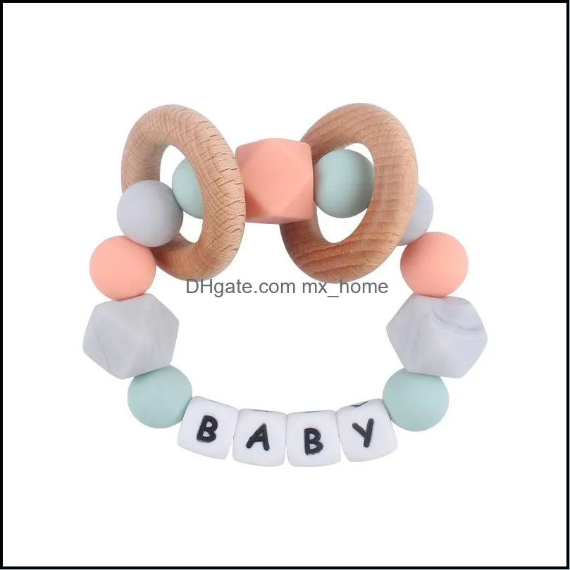 Baby Teether Rings Silicone Beech wood Teething Ring Soothers Chew Toys Shower Play Round Wooden Bead Silica gel teethers bracelet