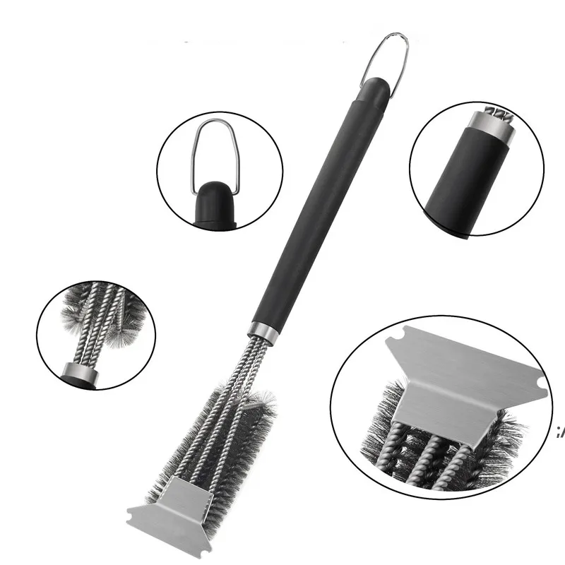 Brosse de nettoyage pour gril de barbecue Brosse métallique à long manche pour barbecue avec grattoir Brosse multifonctionnelle Outil en acier inoxydable par mer RRE13188