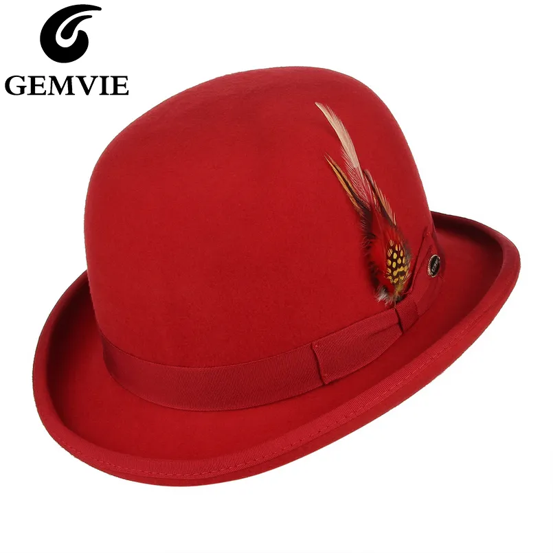 GEMVIE 100% Lana Fieltro Fieltro Derby Bowler Hat Para Hombres / Mujeres  Satin Foreine Fashion Party Formal Fedora Disfraz Cap Cap 201028 De 55,12 €