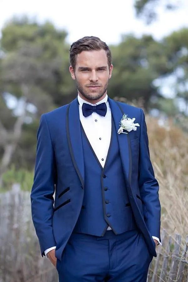 CusotMize Royal Blue Groom Tuses Homem Trabalho Ternos Shawl Collar Mens Prom Festa vestido de vestido de casamento (jaqueta + calça + colete + gravata) D: 139