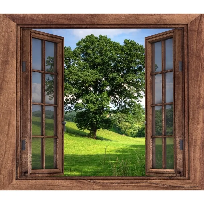 Livraison gratuite 3D Brown fenêtre en bois mur décalcomanie art photo imperméable amovible papier peint forêt murale autocollant vinyle décor à la maison 201106