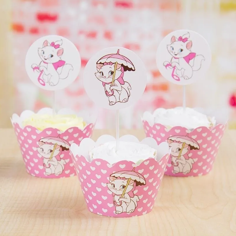 24pcs (12 emballages + 12 toppers) Marie Cat Cupcake Wrapper enfants fête d'anniversaire décoration gâteau Toppers Y200618