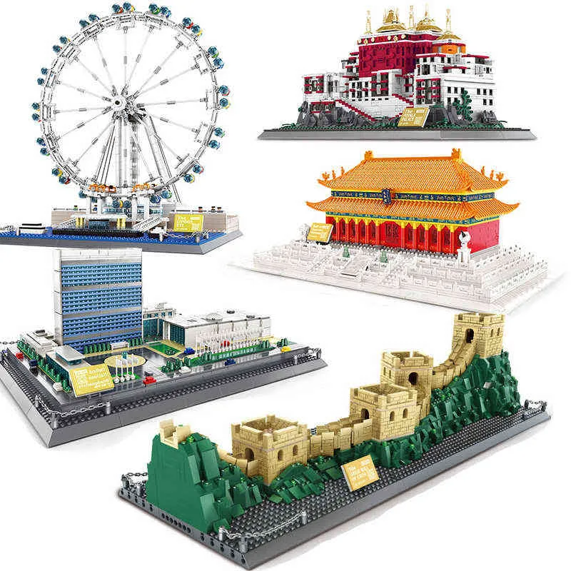 Wange City Architecture Taj Mahal Eiffel Tower Louvre Pair London Bridgeロシアニューヨークモデルビルディングブロック建設TOYS Y220214