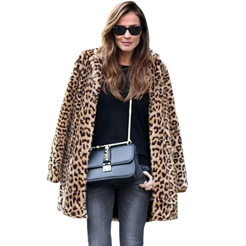 Otoño Invierno chaqueta de leopardo abrigo largo de mujer estampado de leopardo cuello con muescas chaqueta de manga larga Parka prendas de vestir exteriores para mujer