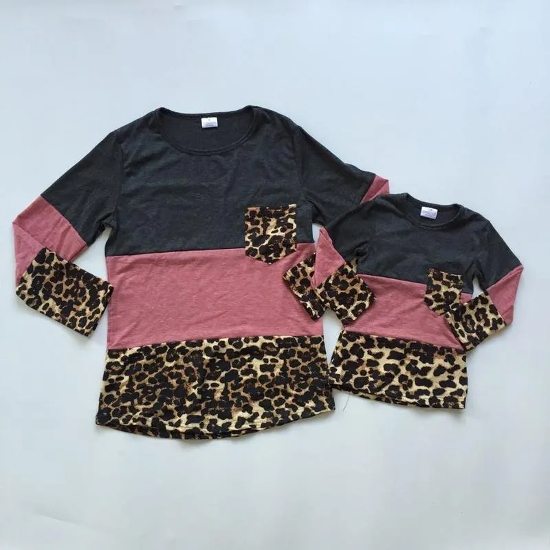 Girlymax Autunno / inverno abiti neonate mamma adulto grigio leopardo top t-shirt vestiti di cotone bambini manica lunga boutique LJ201111