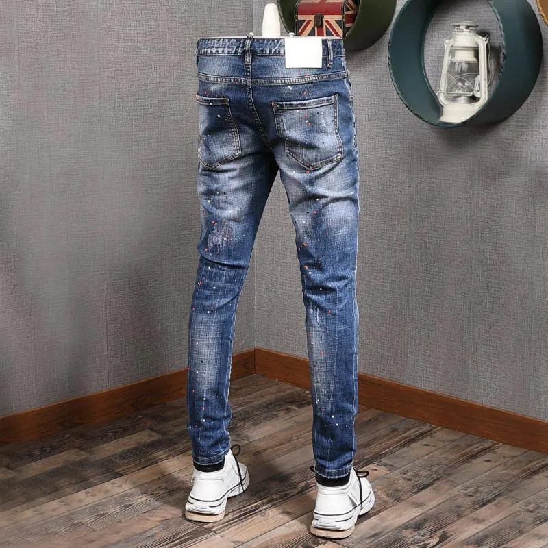 Dżinsy męskie jeansu jesień szczupła moda marka mody Wysokiej jakości niebieskie perforowane spodnie splash chudy erkek Jean Pantolon212c