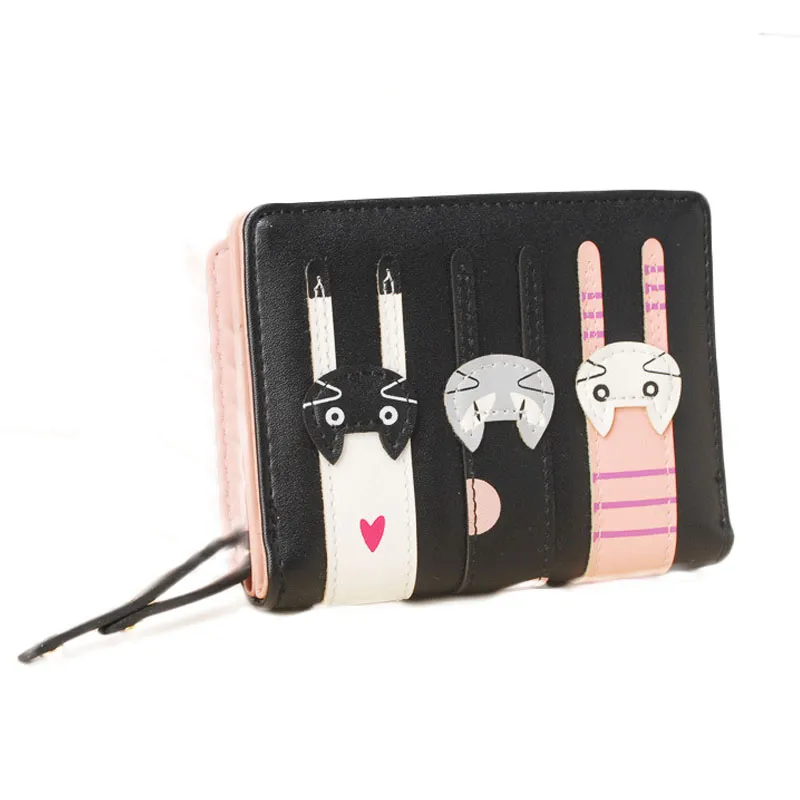 Neue Koreanische Version PU brieftasche Leder Nette 3 Cartoon Katzen Kurze Zwei Falten Zipper Geldbörse Kupplung Casual Geldbörsen