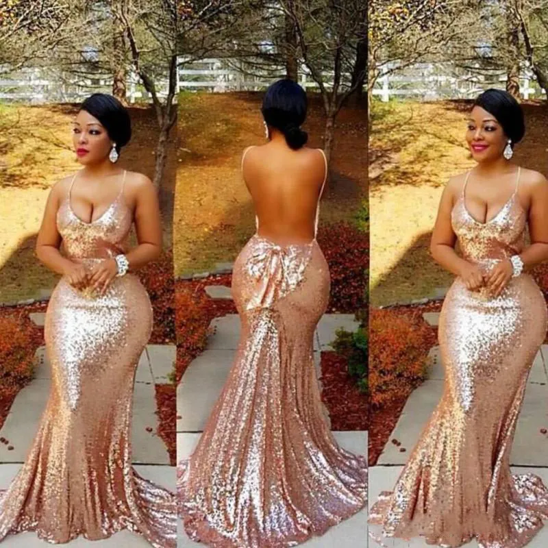 2022 Glitter Spaghetti Rose Gold Mermaid Prom Dresses Bow Back Sexy Open Backless Cekiny Suknie Wieczorowe Stylowe Plus Size Formalna sukienka imprezowa