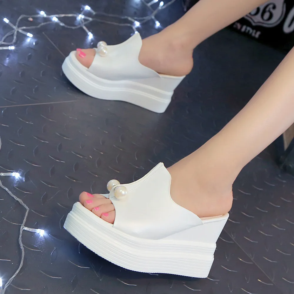 Högkvalitativa Kvinnors Tofflor Kvinnor Tofflor Tjock-Bottom Solid Pearl Vattentät Wedge Sandaler Peep Toe Slip-On Shoes X1020