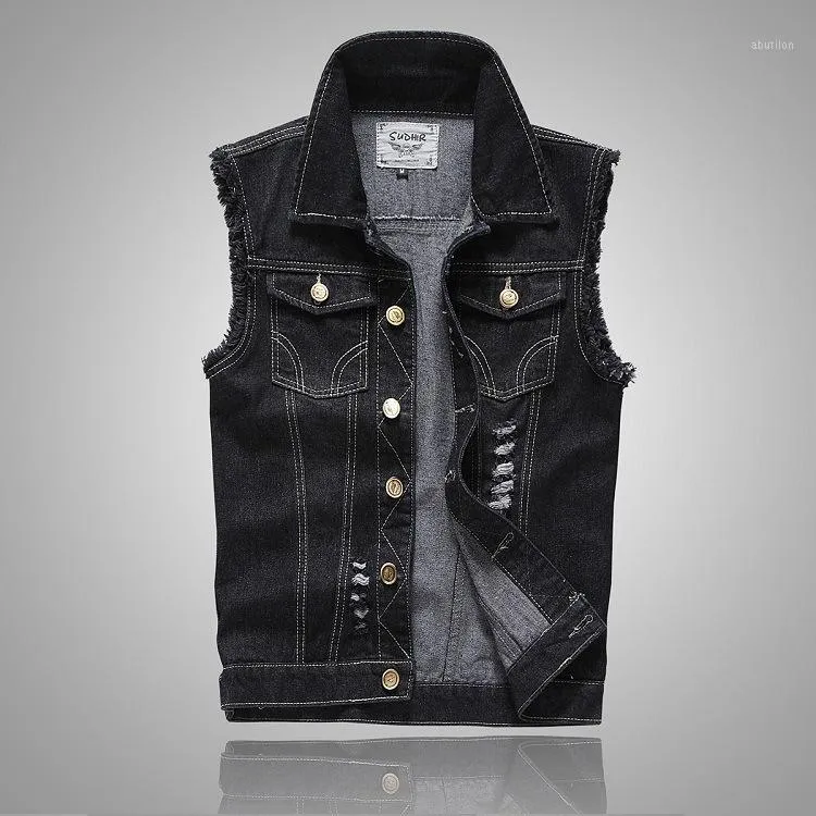 Plus Size Ripped Black Denim Vest Mens Slim Fit Mannelijke Jeans Mouwloze Jas Tank Top Cowboy Merk 5XL armsgat Style1