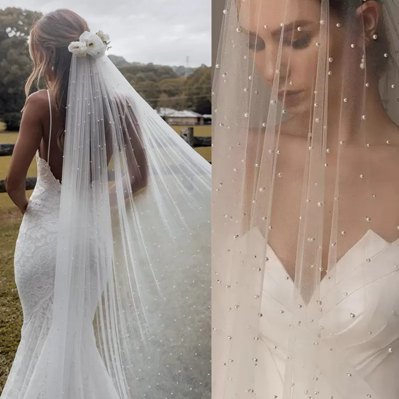 Cathedral Length Romantic One Layer Pearl Beaded Long Bridal 