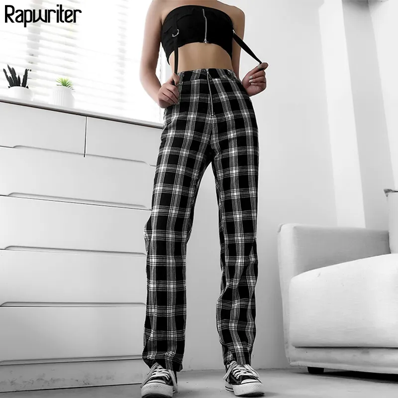 Rapwriter Casual Plaid Taille Haute Pantalon Femmes Mode Lâche Pantalon Droit À Carreaux Harajuku Baggy Pantalon De Survêtement Pantalon 201228