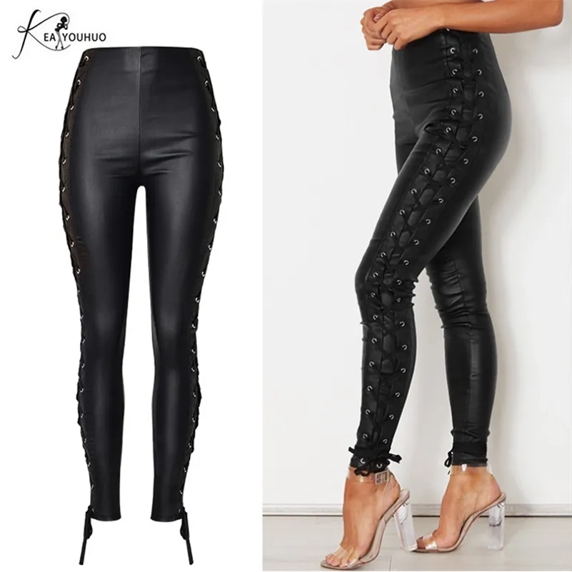 2020 Sommer Stretch PU Leder Hosen Jogginghose für Frauen Hosen Hohe Taille Jegging Damen Plus Größe Schwarz Bleistift Hosen Frauen LJ201103