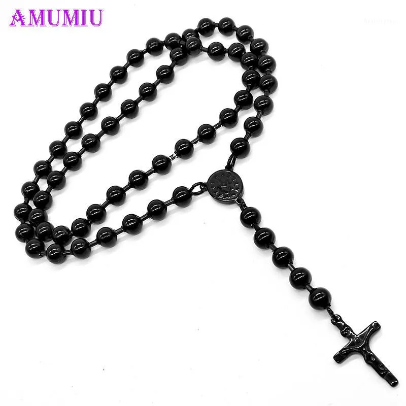 Pendant Necklaces AMUMIU 8mm,60cm Men Rosary Beads Necklace Stainless Steel Black/Gold/Steel Color Religion Of Jesus,women Cross Jewelry N01