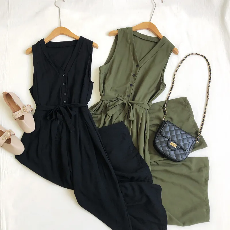 Yaz Zarif Tulum Kadın Harajuku Siyah Yeşil Kolsuz Yüksek Bel Ince Geniş Bacak Tulum Pantolon Kadın Moda Giyim Genel T200704