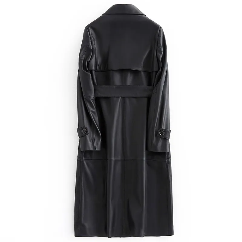 Nerazzurri Black Long Leather Trench Coat Women With Belt Turn 