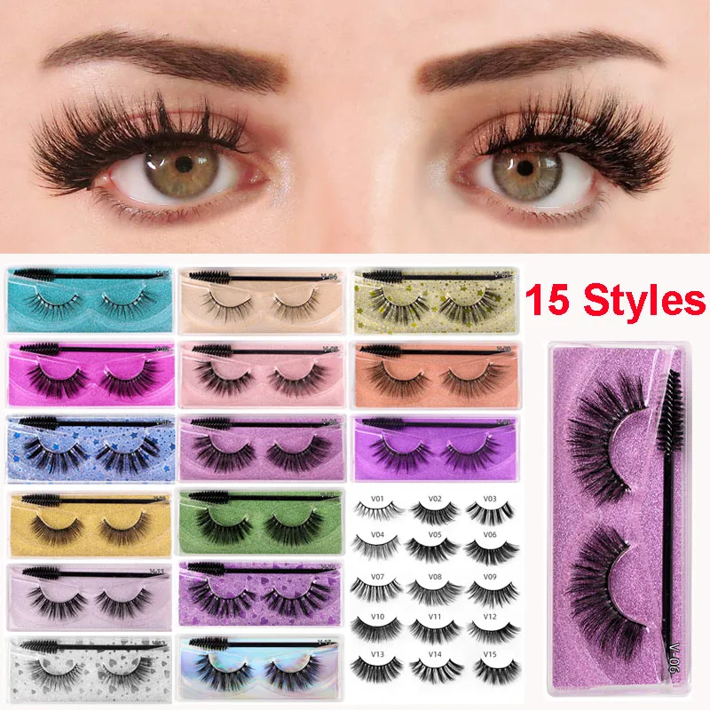 Augen-Make-up, falsche Wimpern mit Wimpernbürsten-Set, Mascara-Bürste, 3D-Nerzwimpern, 15 Stile, dramatische, dicke, natürliche Wimpern, zarte, flauschige Wimpern