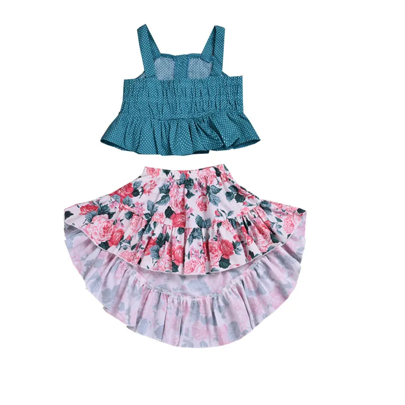 Children's wear 2020 girls' set dot suspender Top + two piece printed swallow tail skirt with short front and long back baby set 3-8T