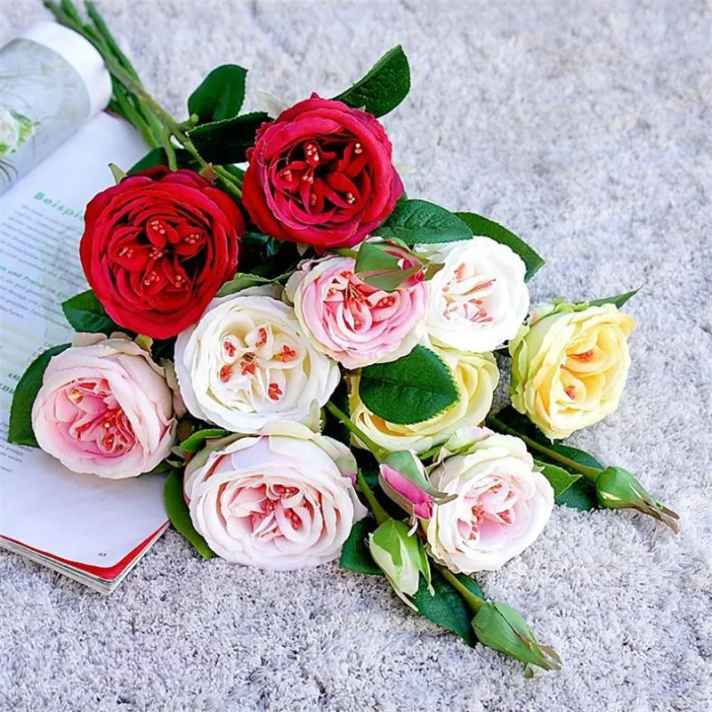 Rosa finta a stelo corto (3 teste/pezzo) 20,47 Lunghezza Simulazione Rose  inglesi per fiori artificiali decorativi per matrimoni domestici