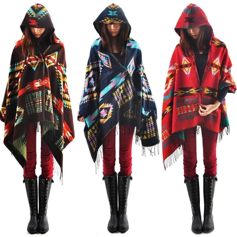 Mulheres elegantes boho étnico impresso hoodie cabo poncho acrílico lã lenço lenço moda meninas camisola frieza encapuçado envoltórios