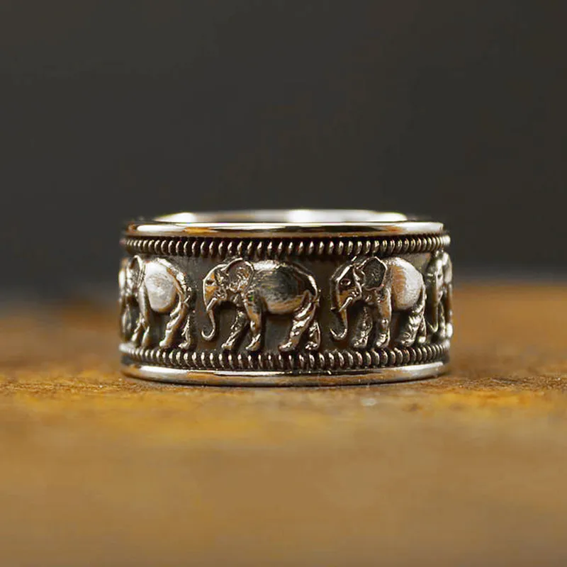 الفضة القديمة الحيوان الفيل حلقة النحت النساء الرجال خواتم الفرقة الأزياء والمجوهرات هدية الإرادة والرملية