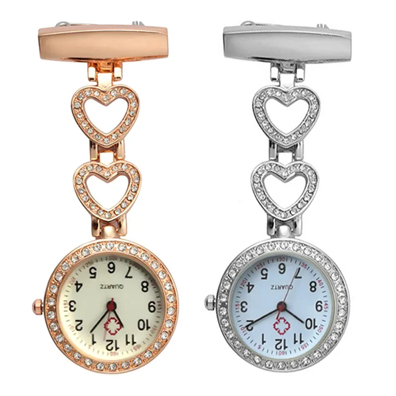 Pocket Nurse Watches Doctor Clock Pin Brooch Zircon Crystal Strass Rose Gold Heart Fob Nurse Watch