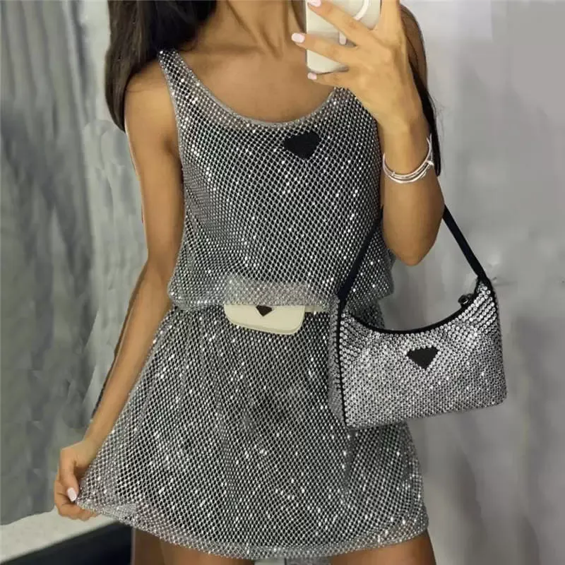 Robes de gilet en maille strass brillantes avec jupe de base Designer Ladies Party Night Club Silver DressZ1G9