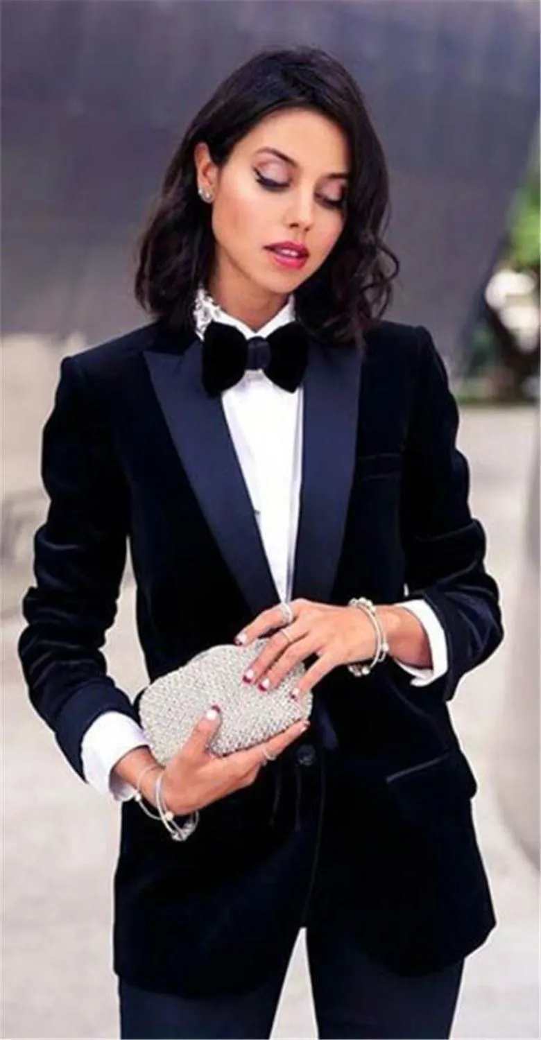 Traje De Mujer De Terciopelo Azul Marino Mujer De Negocios Trajes