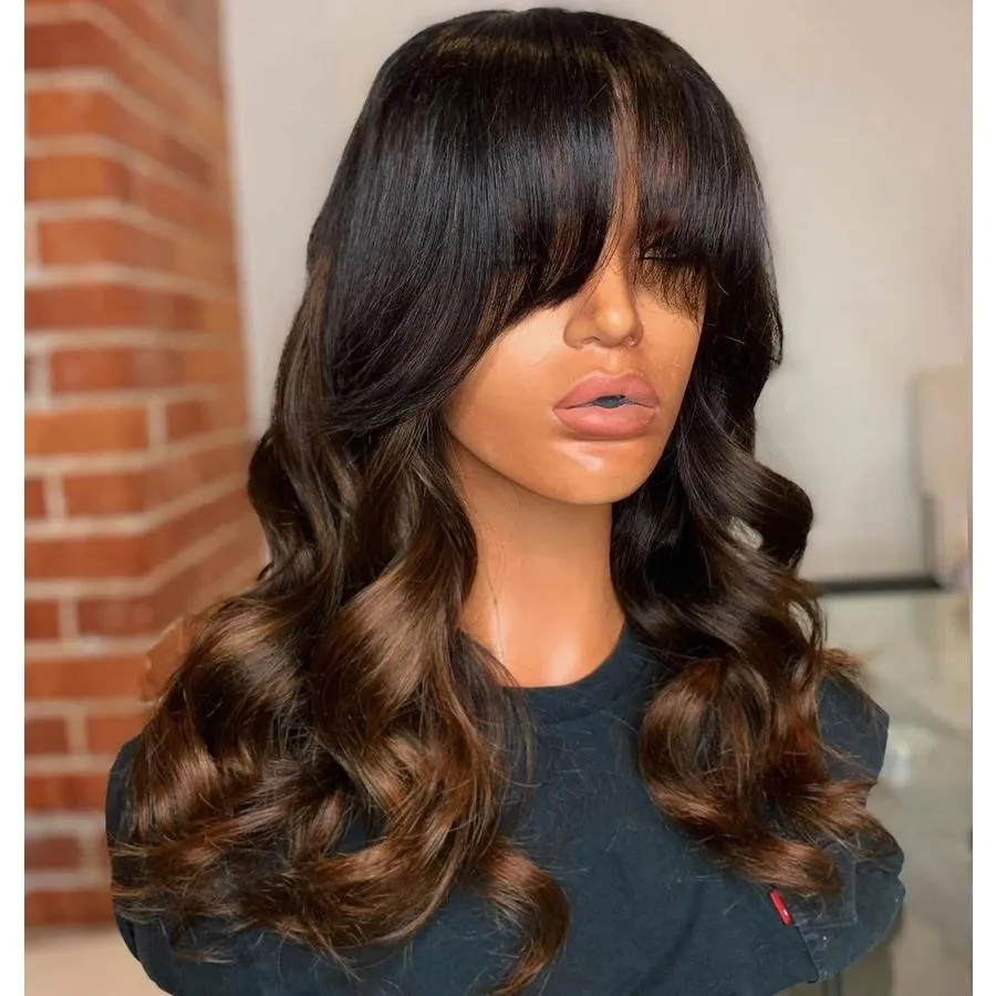 360 Lace Frontal Wig Ombre Dark Brown Wave Remy Human Hair Hd Laced Front Wigs 150% Fringe Wigs Natural Hairline F Curtain Bangs