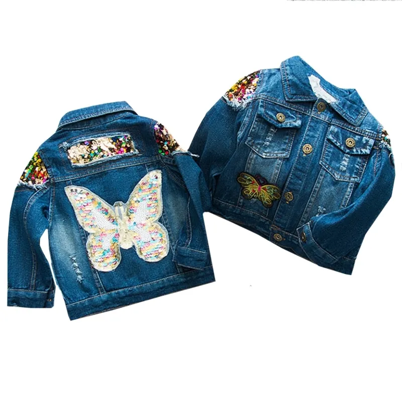 New Baby Girls Denim Jacket Cardigan Coat Kids Jean Outwear Butterfly Embroidery Sequins Girls Children Clothing Spring Clothes 201106