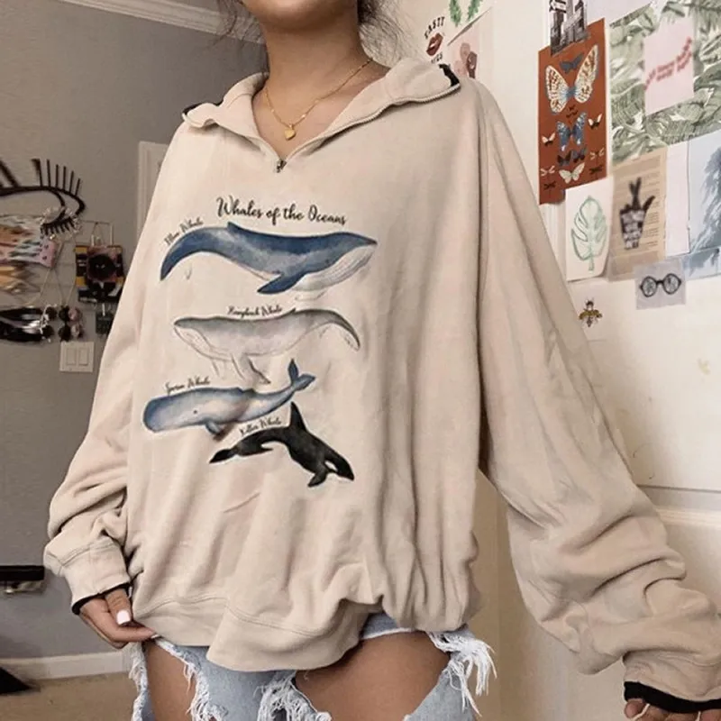 Fashion Women Hoodie Whales Print Loose Hoodies Personality Printed Women Sweatshirts Zipper Graphic Hoodie Pullovers 201202