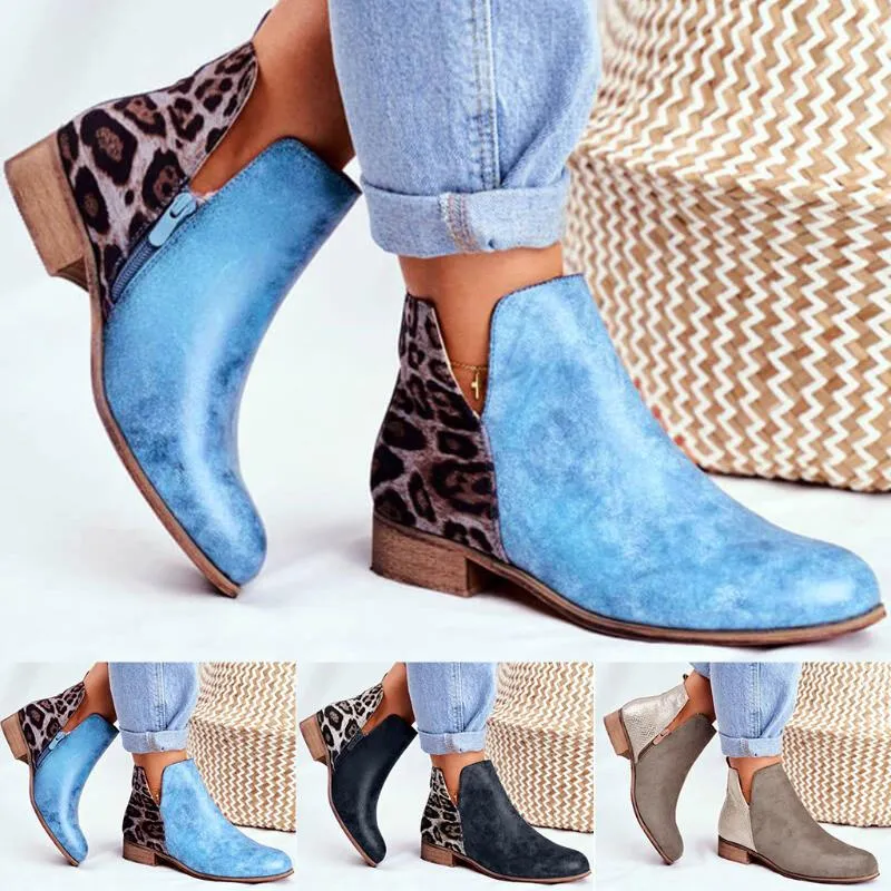 Çizmeler kadın ayak bileği leopar serpantin pu deri sonbahar kış vintage açık kare topuklu ayakkabı kadın botines mujer