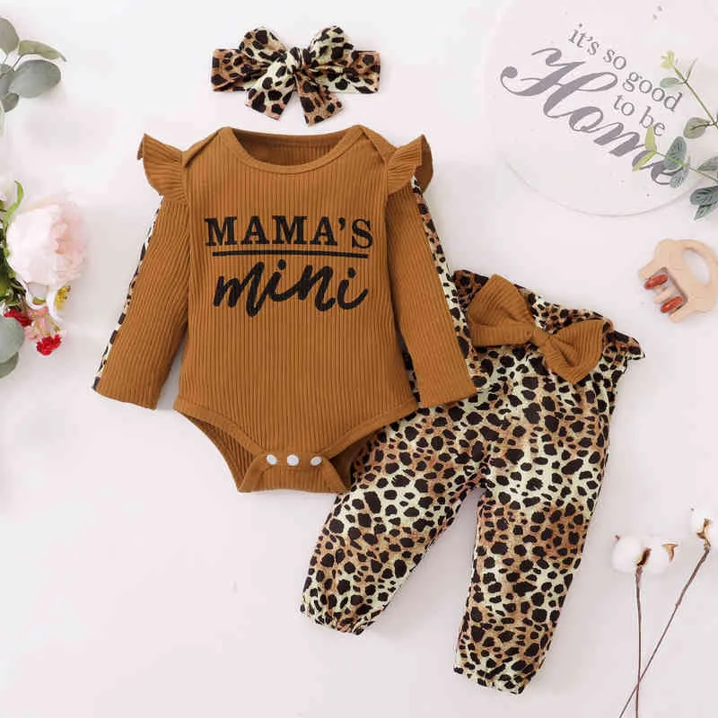 3Pcs Newborn Clothes Baby Girl Clothes Sets Infant Outfit Ruffles Romper Top Bow Leopard Pants New Born Toddler Clothing G1221