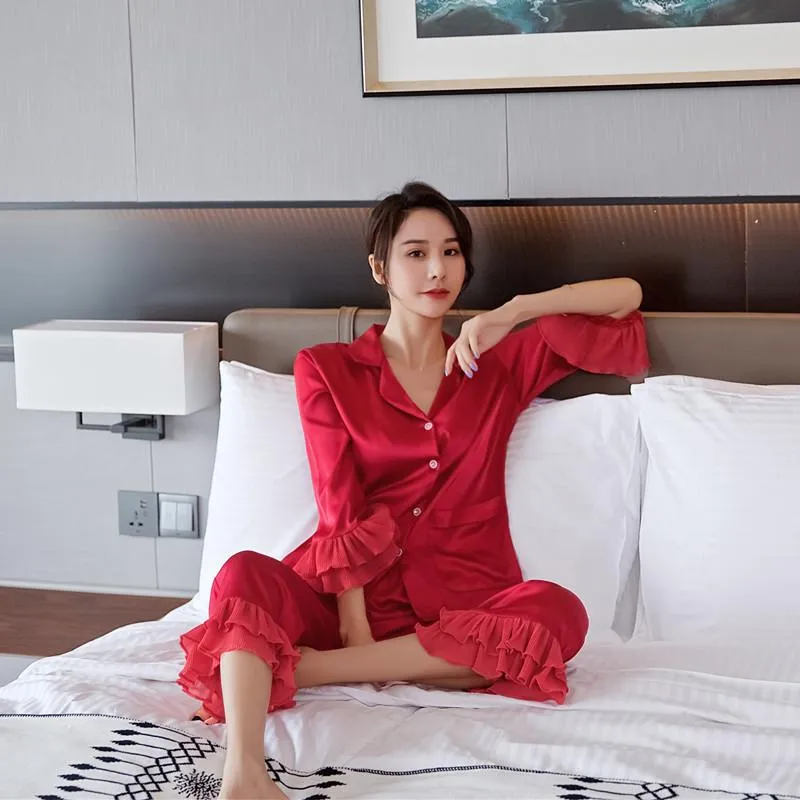 Sweet Cute Ruffled Sleeves Women Sleepwear Fashion Lapel Thin Womens Pajamas Sexy Silky Girls Home Clothing Sets